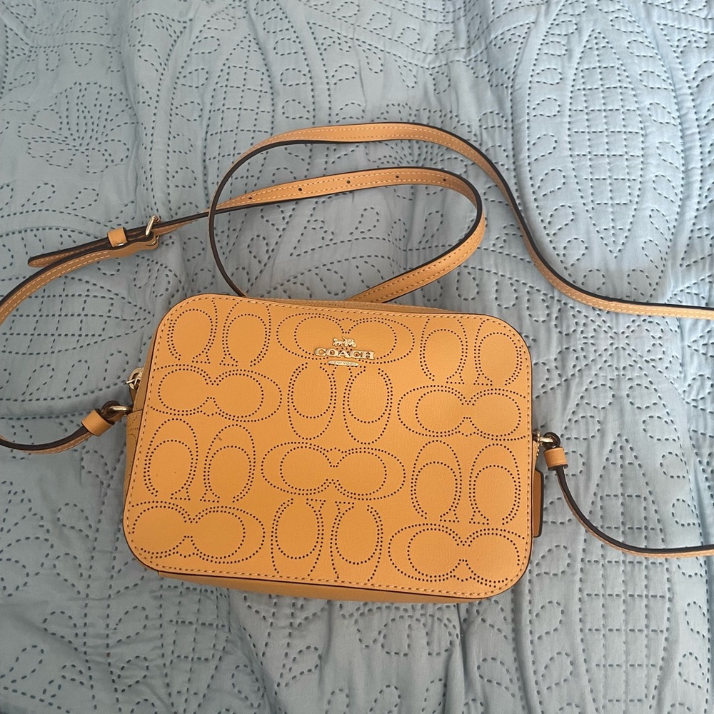 Coach Mustard Yellow Perforated Leather Camera Crossbody Bag